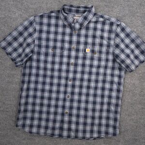 Carhartt Shirt Mens L Blue Fort Plaid Chambray Relaxed Short Sleeve Work Casual